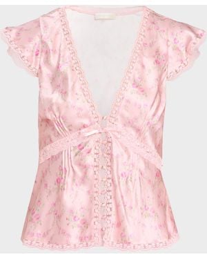 LoveShackFancy Amara Floral Silk Blouse - Pink