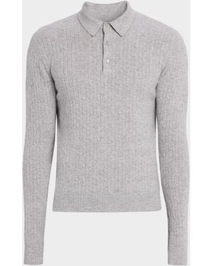 Neiman Marcus Classic Micro Cable-Knit Long-Sleeve Polo - Gray