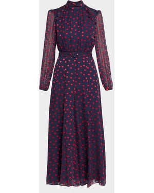 Saloni Jacqui-B Belted Floral Silk Midi Dress - Purple