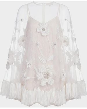 Mac Duggal Sheer Appliqué-Cape Mini Dress - White