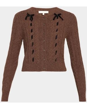 LoveShackFancy Dione Cable-Knit Crewneck Cardigan - Brown