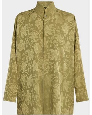Eskandar Silk Jacquard Wide A-Line Double Stand Collar Shirt - Green
