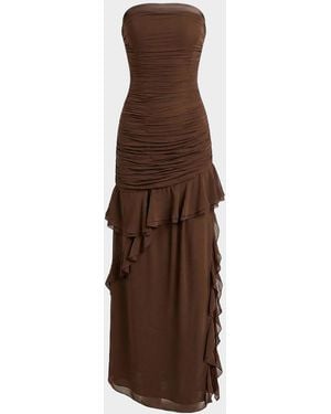 Nicholas Viola Ruched Ruffles Strapless Maxi Dress - Brown
