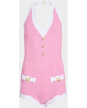 retroféte Jayde Metallic Rib-Knit Romper - Pink