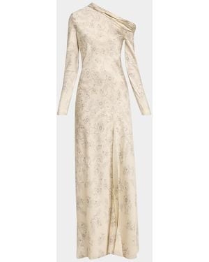 Alberta Ferretti Lace Printed Satin One-Shoulder Gown - Natural