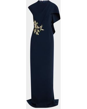 Teri Jon Floral-Embroidered Asymmetric Capelet Gown - Blue