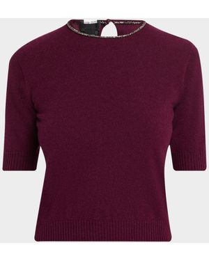 Giorgio Armani Embellished Short-Sleeve Cashmere Crewneck Sweater - Purple