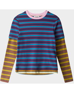 STAUD Dillon Striped Stretch-Cotton Top - Blue
