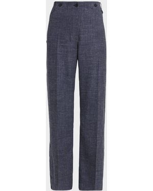 Ferragamo Wool-Linen Buttoned Straight-Leg Pants - Blue
