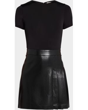 Alice + Olivia Chara Vegan Leather Short-Sleeve Pleated Mini Dress - Black