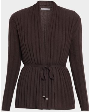 Neiman Marcus Cashmere Ribbed Wrap-Front Cardigan - Brown
