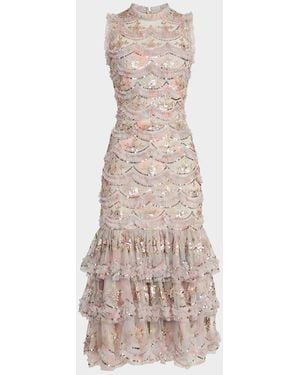 Mac Duggal Ruffled Sequined Midi Dress - Natural