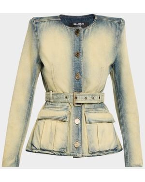 Balmain Button-Down Belted Denim Top - Green