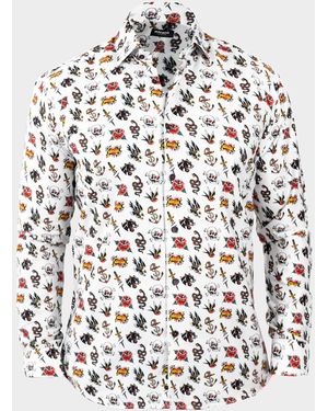 Maceoo Fibonacci Tattoo-Print Cotton Sport Shirt - White