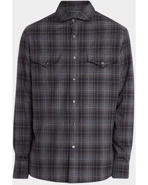 Brunello Cucinelli Apos;S Cotton Plaid Snap-Front Western Shirt - Gray