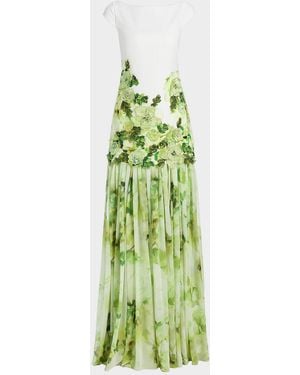 Badgley Mischka Floral Print Dropwaist Sheath Gown - Green