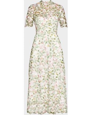 Monique Lhuillier Ivy Bloom Print Lace Short-Sleeve Midi Dress - Natural