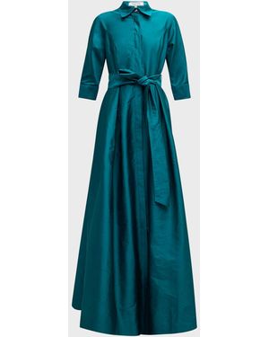 Teri Jon Belted A-Line Taffeta Shirt Gown - Blue