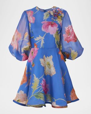Carolina Herrera Floral Silk Puff-Sleeve Corsage Mini Dress - Blue
