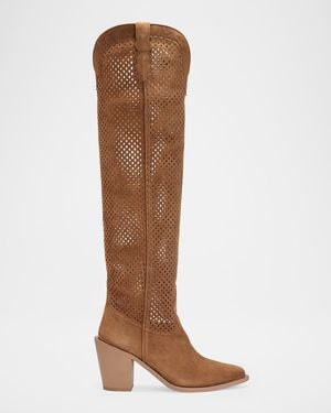 Partow Aleene Perforated Suede Knee-High Cowboy Boots - Brown