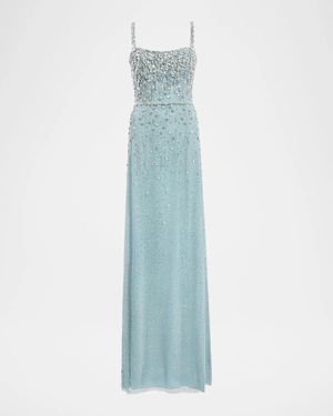 Jenny Packham Solstice Degrade Embellished Sleeveless Column Gown - Blue