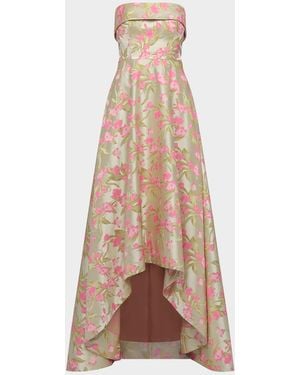 THEIA Sylvana Strapless High-Low Jacquard Gown - Natural