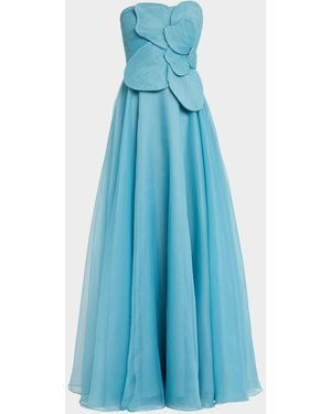 THEIA Lyon Strapless Flower-Embellished Gown - Blue