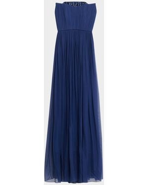 Pamella Roland Strapless Crystal Embellished Chiffon Gown - Blue