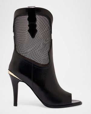 Partow Bianca Leather Mesh Peep-Toe Booties - Black