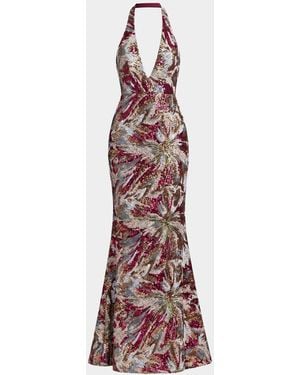 Mac Duggal Floral Sequin Open Back Gown - Red