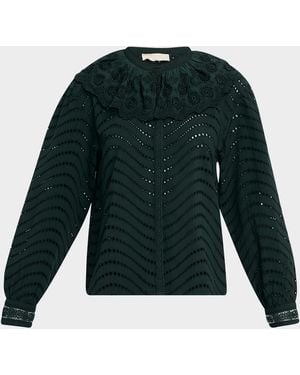 Ulla Johnson Fia Embroidered Scallop-Collar Blouse - Green