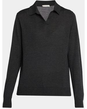 The Row Pauli Wool-Silk Jersey Long-Sleeve Polo Top - Black