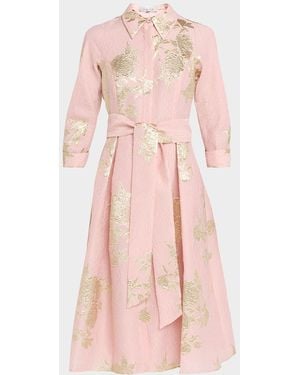 Teri Jon Metallic Floral Jacquard Midi Shirtdress - Pink