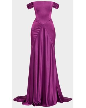 Alex Perry Off-The-Shoulder Paneled Satin Crepe Gown - Purple