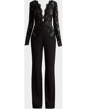 Tadashi Shoji Amaris Plunging Illusion Lace & Crepe Jumpsuit - Black