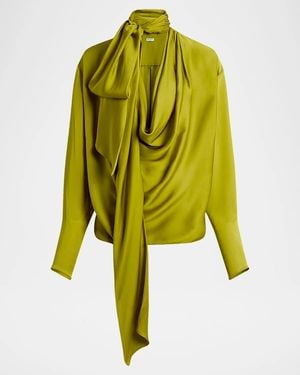 Balmain Long-Sleeve Draped Mousseline De Soie Neck-Scarf Blouse - Yellow