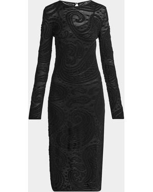 Etro Sheer Paisley Knit Long-Sleeve Midi Dress - Black