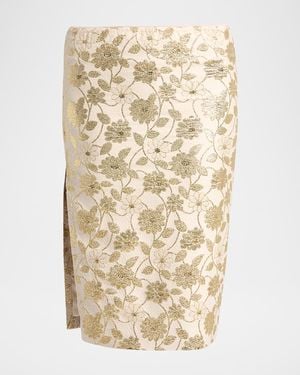 Saint Laurent Brocade Midi Skirt - Natural