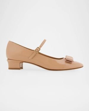 Ferragamo Vally Patent Leather Bow Mary Jane Ballerina Flats - White