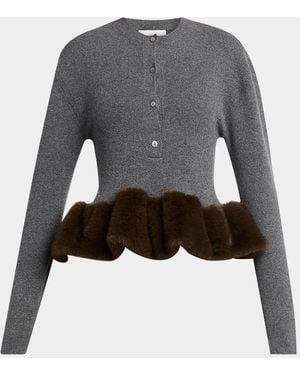 Stella McCartney Faux Fur Trim Wool Crewneck Sweater - Gray
