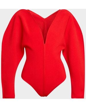 Givenchy Puff-Sleeve Deep V-Neck Bodysuit - Red