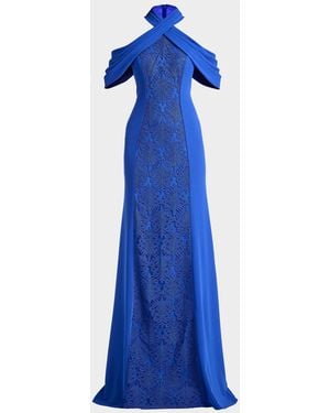Tadashi Shoji Cold-Shoulder Corded Lace Gown - Blue
