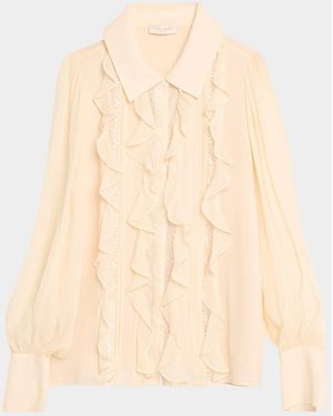 Ramy Brook Claire Ruffle Blouson-Sleeve Silk Blouse - Natural