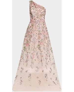 Teri Jon One-Shoulder Embroidered Tulle Gown - Pink