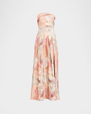 Aidan Mattox Pleated Strapless Metallic Jacquard Gown - Pink