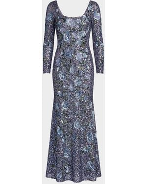 Mac Duggal Floral Embellished A-Line Gown - Blue