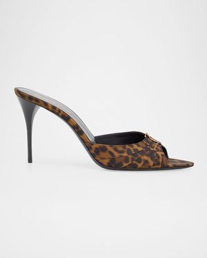 Saint Laurent 90Mm Leopard Grosgrain Mule Pumps - Metallic