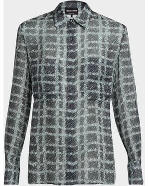 Giorgio Armani Sheer Silk Plaid Button-Front Shirt - Gray