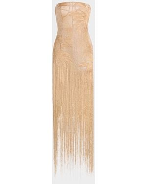 Oscar de la Renta Strapless Palm Raffia Embroidered Fringe Gown - White