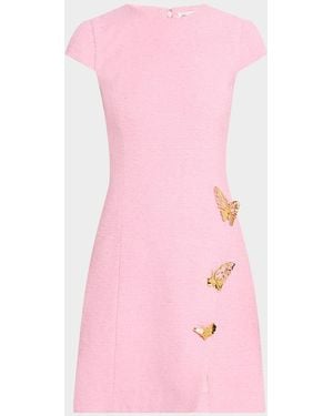 Oscar de la Renta Cap-Sleeve Butterfly-Slit Tweed Mini Dress - Pink